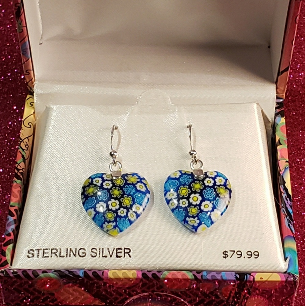 Sterling Silver Blue Heart Glass Earrings